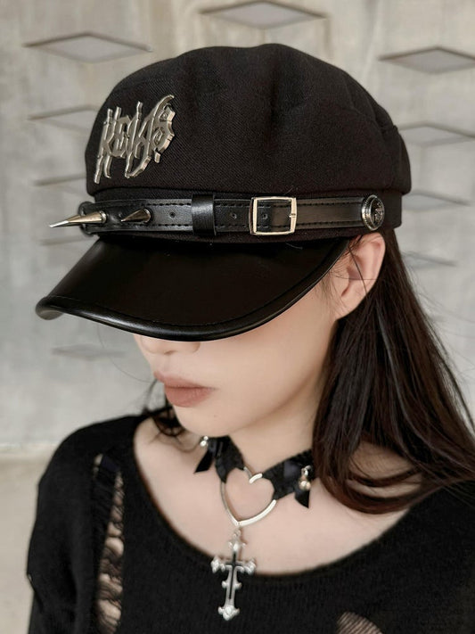 Black Punk Beret with Studs and Letters
