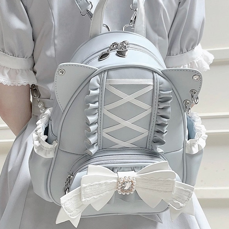 Jirai Kei Light Blue Cat Ear Backpack With Beaded and Rhinestone Bow