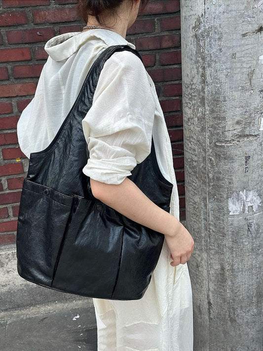 Black Large Capacity Single-Shoulder Tote Bag With Triple Pocket Design