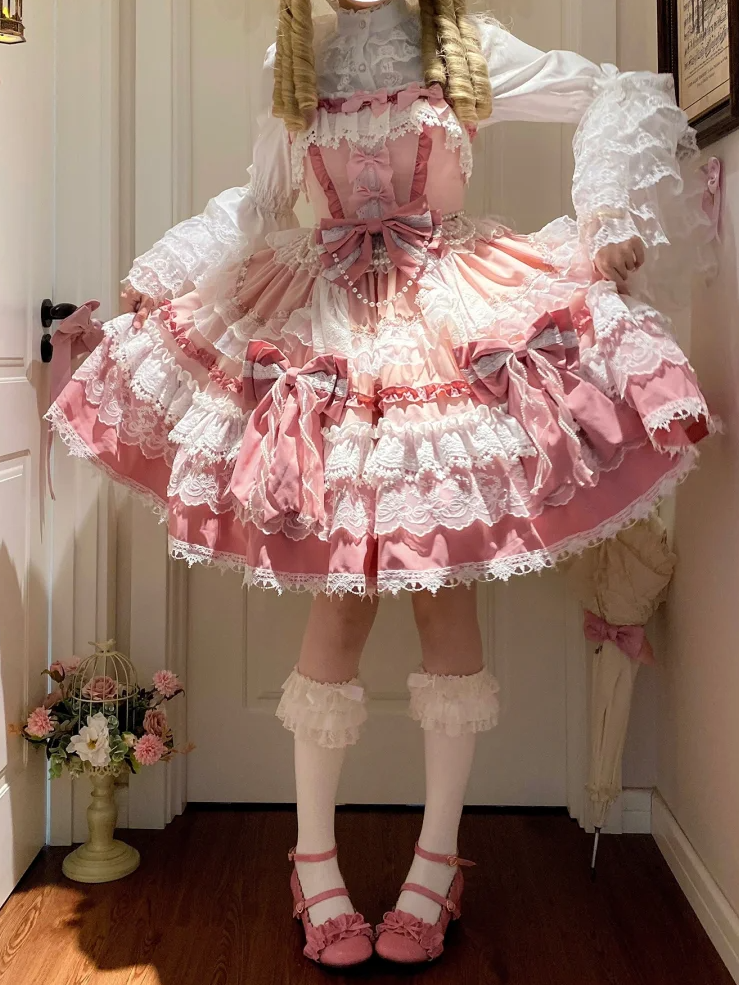 Pink Detachable Bows and Bead Details Sweet Tiered Skirt Lolita Dress