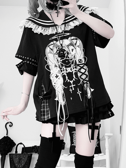 Anime Girl Print Sailor Collar Lace-up Details Black Bittersweet T-shirt