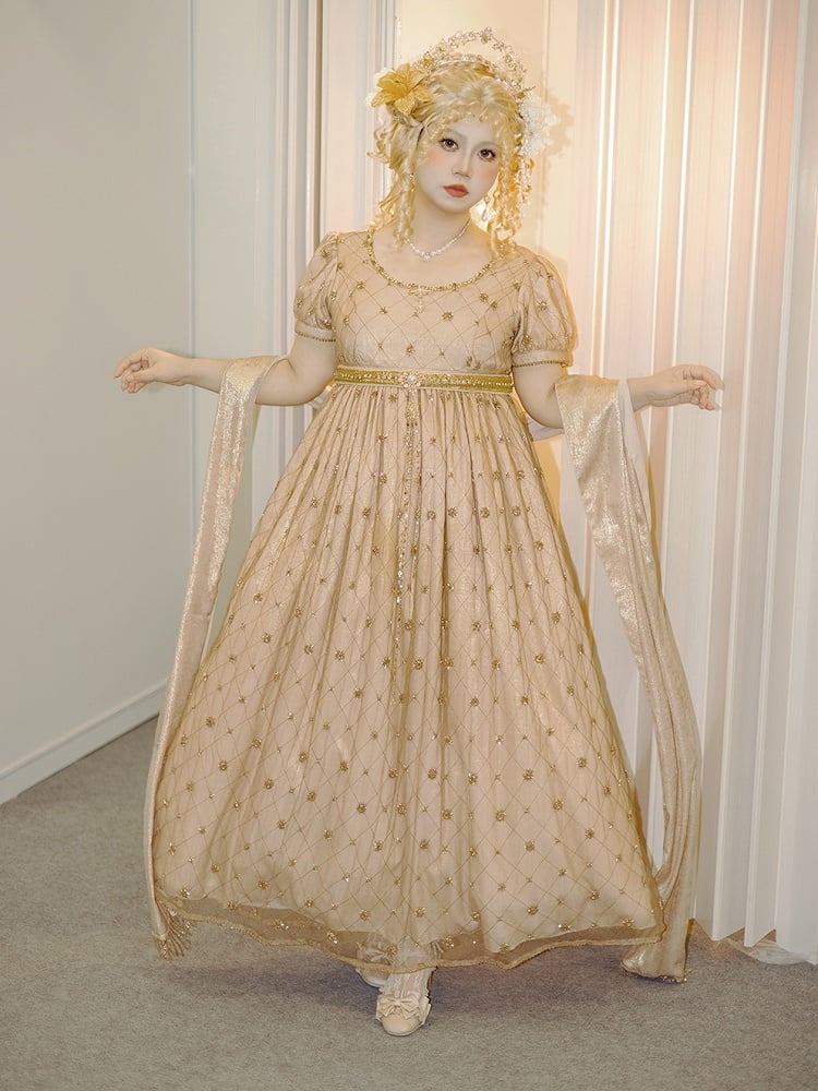 Allover Beaded Design Champagne Diamond Pattern Empire Waist Elegant Lolita One Piece Long/Short Version