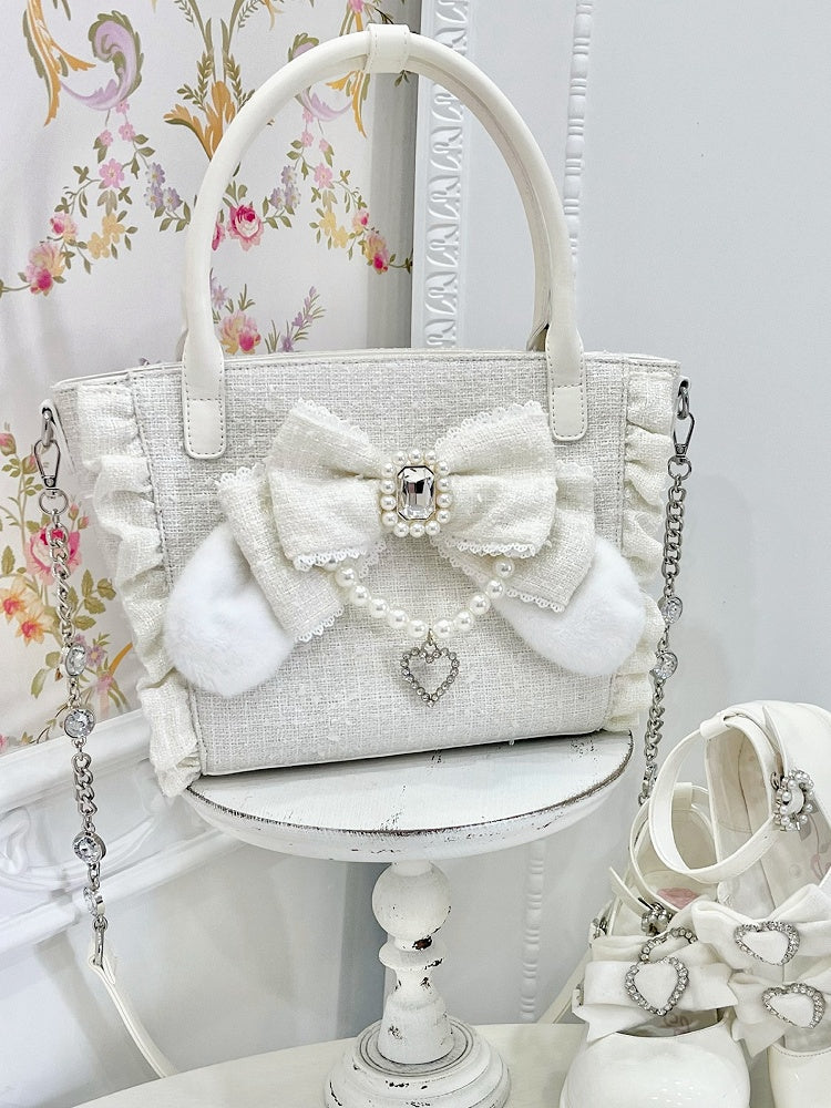 White Triple-Carry Handbag with Ruffles Trim in Elegant Lolita - Beaded And Rhinestone Heart Charm & Plush Bunny Ear Bow