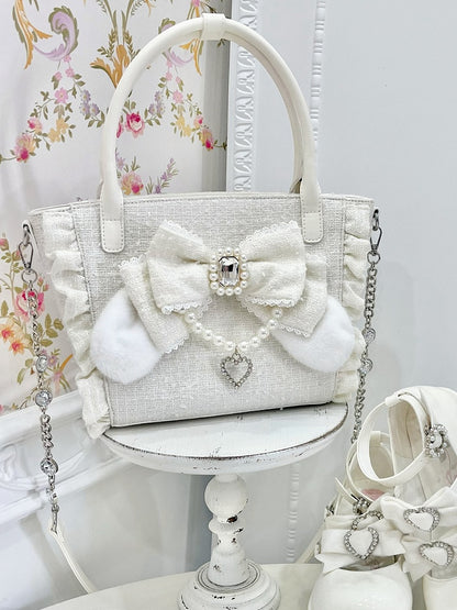 White Triple-Carry Handbag with Ruffles Trim in Elegant Lolita - Beaded And Rhinestone Heart Charm & Plush Bunny Ear Bow