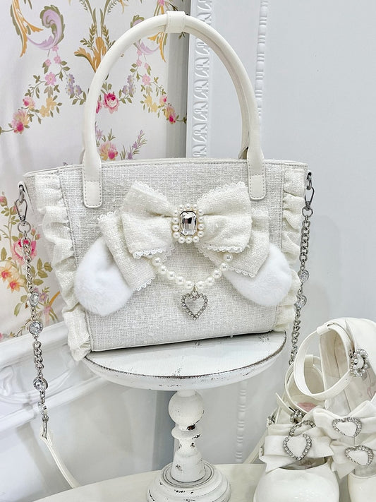 White Triple-Carry Handbag with Ruffles Trim in Elegant Lolita - Beaded And Rhinestone Heart Charm & Plush Bunny Ear Bow