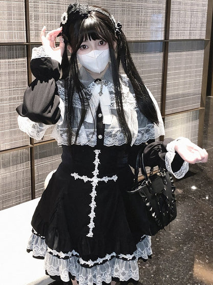 Jirai Kei White/Black/Pink Rose Cross Embroidery Landmine Style High Waist Lace Hem Skirt