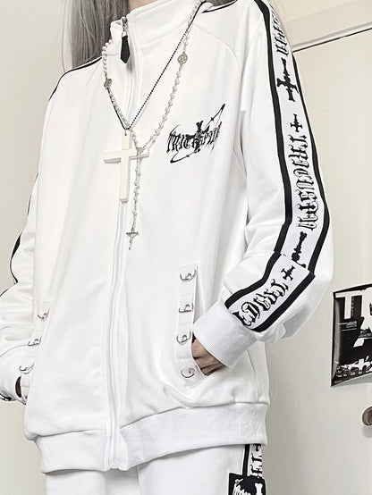 White Gothic Cross And Letter Print Sweatshirt Jacket