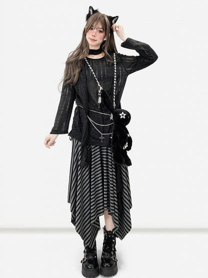 Black Cutout Detail Asymmetrical Hem Long Sleeves Top + Scarf