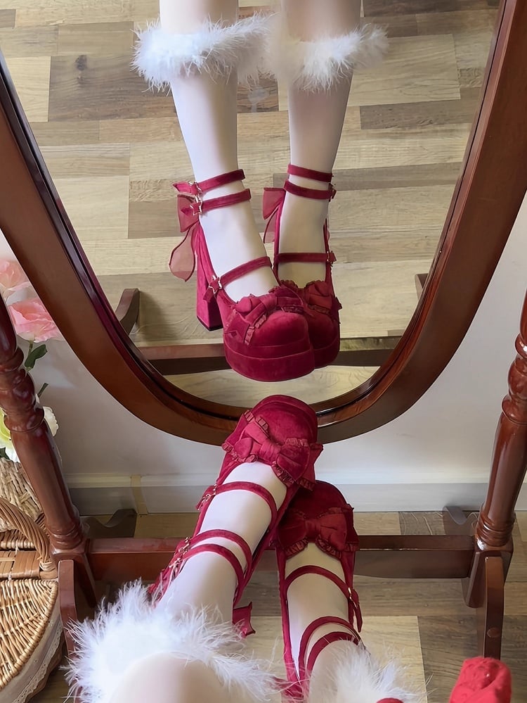 11CM Matte Wine Red Bow at Top Sweet Lolita Platform High Heels