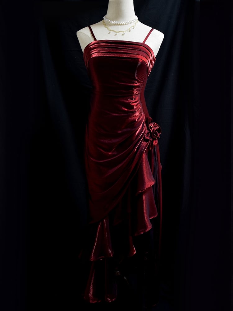 Dark Red Vintage Floral Dress Asymmetrical Hem Prom Gown