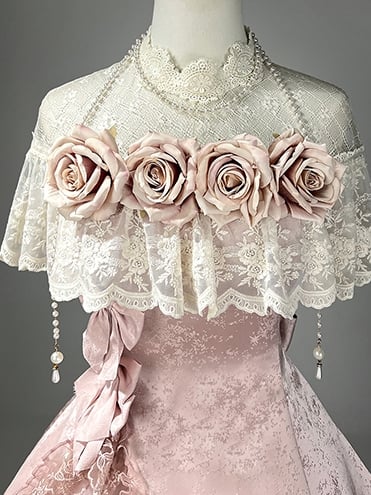 Pink Illusion Neckline Elegant Classic Lolita Top + Floral Print Skirt + Beaded Necklace Set