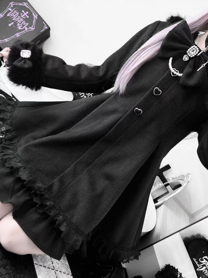 Jirai Kei Black A-Line Coat with Detachable Bunny Hood | Plush Ears & Cuffs | Wool Blend