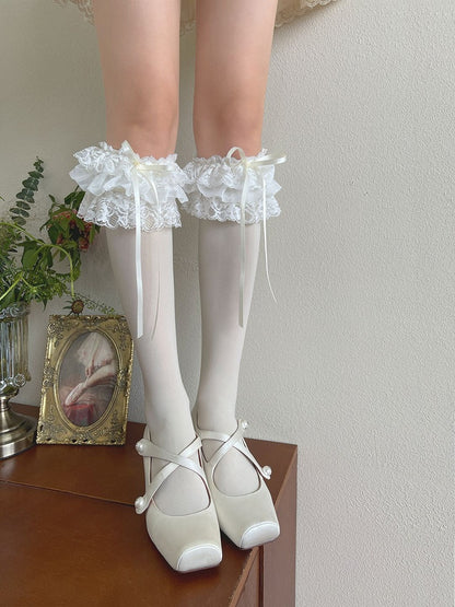 White/Black/Gray/Apricot Bowknot Details Lace Ruffled Trims Underknee Stockings
