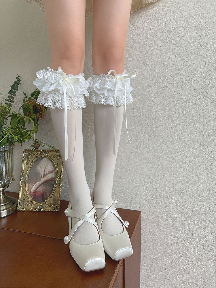 White/Black/Gray/Apricot Bowknot Details Lace Ruffled Trims Underknee Stockings