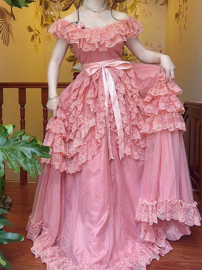 Wine Red/Pink Vintage Lace Ruffle Trim Off-the-shoulder Neckline Dress