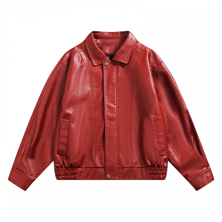 Vintage Red PU Leather Zip-up Jacket for Autumn