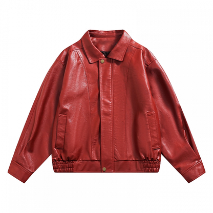Vintage Red PU Leather Zip-up Jacket for Autumn