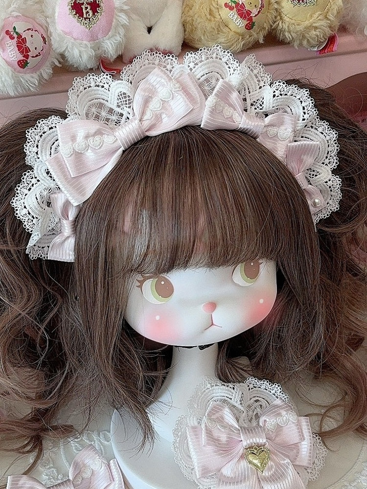 Pink Heart Decorated Striped Pattern Bowknot Details Lace Trim KC