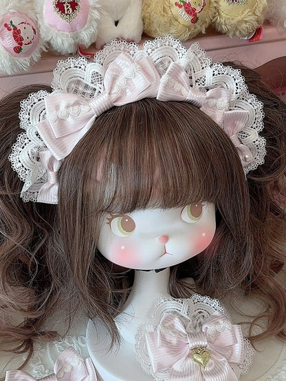 Pink Heart Decorated Striped Pattern Bowknot Details Lace Trim KC