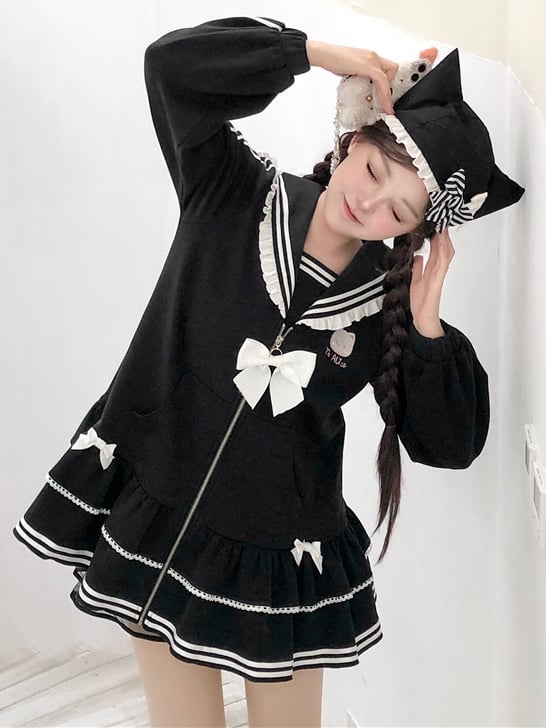 Jirai Kei Black Kitty Embroidery Sailor Collar Zip Closure Landmine Style Dress