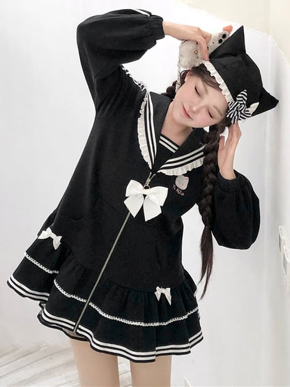 Jirai Kei Black Kitty Embroidery Sailor Collar Zip Closure Landmine Style Dress