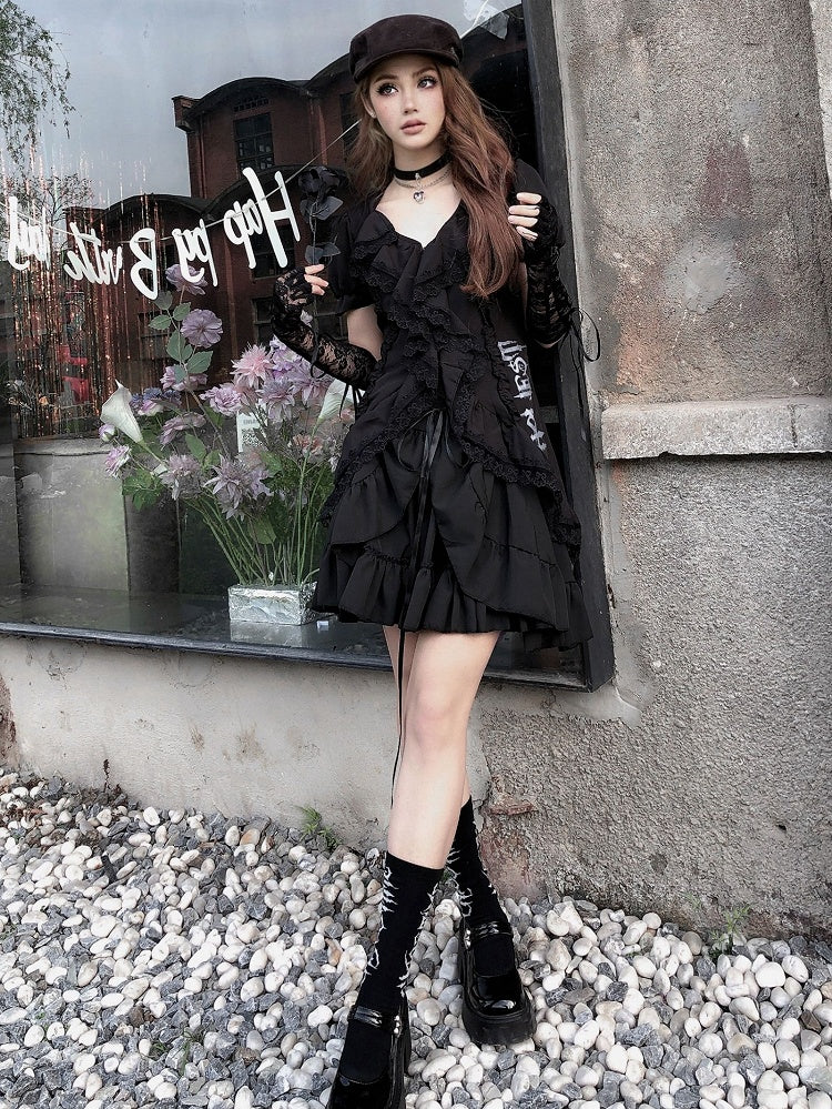 Lace-up Detail Gothic Black High Waist Skirt