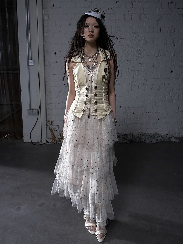 Black/White/Apricot Elastic Waist Sequin Details Tiered Mesh Skirt