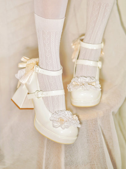 White Knotted Bow at Top Lace Trim Heart Buckles High Block Heels