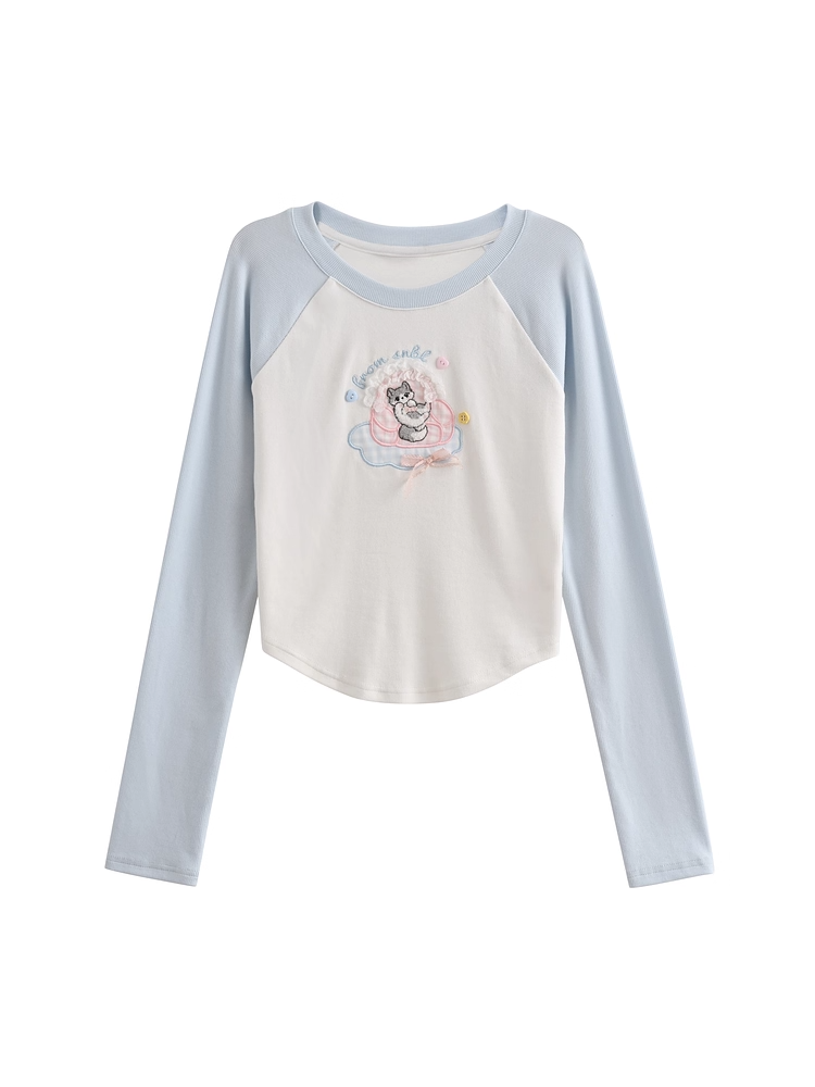 Cartoon Kitty Embroidery Blue and White Colorblock Design Top
