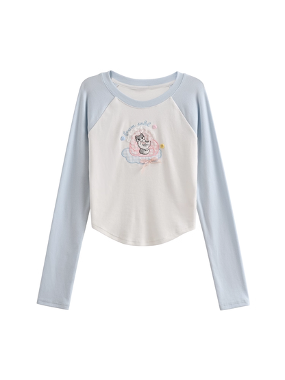 Cartoon Kitty Embroidery Blue and White Colorblock Design Top