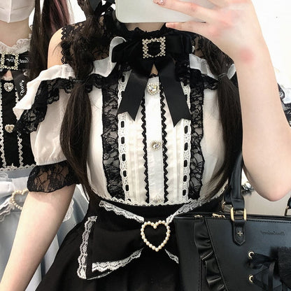 Jirai Kei Black/White/Red/Light Blue Open Shoulder Sweetheart Buttons Lace Trim Blouse