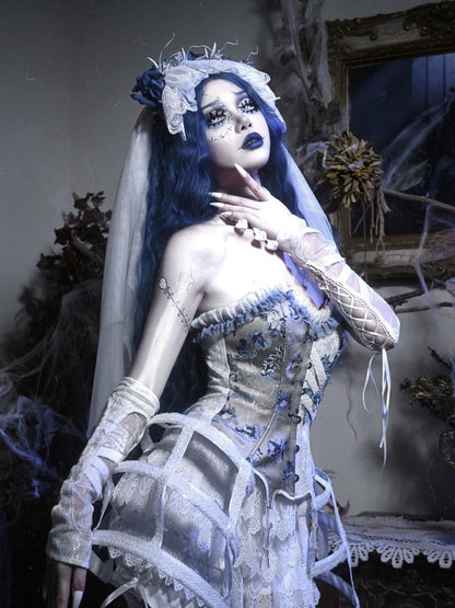 Half White Half Dusty Blue Corpse Bride Floral Embroidery Goth Boned Corset Top