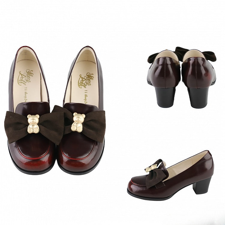 Wine Red Bear Decorated Bow at Top Loafers