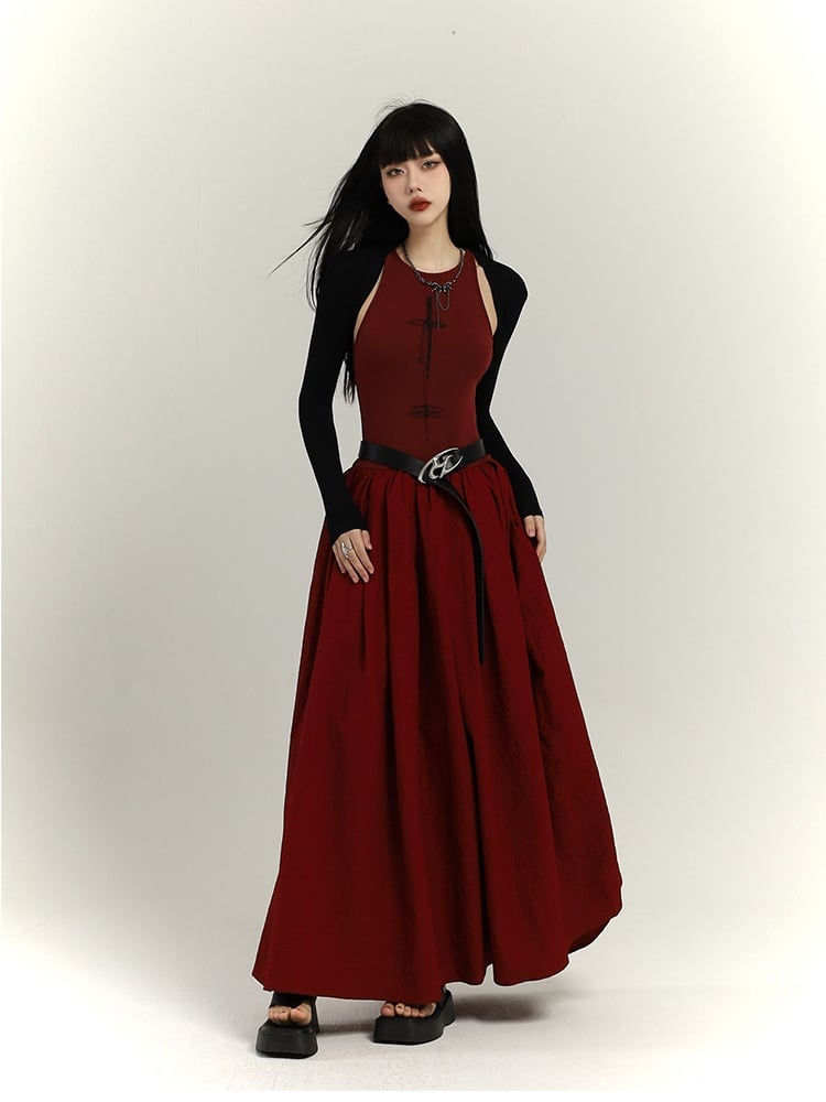 Gothic Wine Red High Waist Cross Print Sleeveless Dress