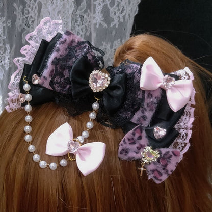 5 Color Options Two Leopard Pattern Rhinestone Heart Decorated Bead Chain Hairclips