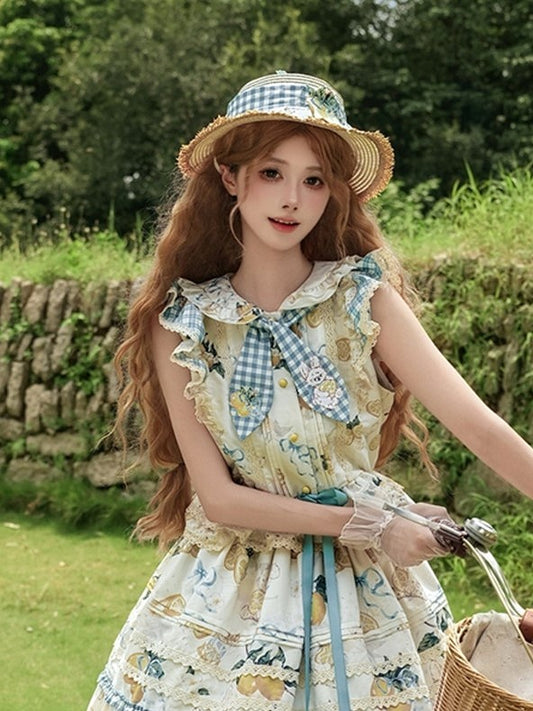 Blue Gingham Lolita Straw Hat with Lace and Lemon Decoration