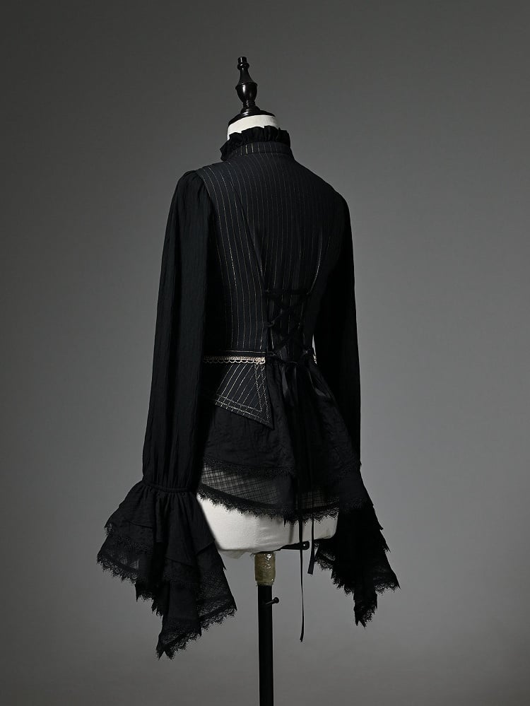 Black Jabot Ruffle Neckline Cadcading Ruffle Cuffs Long Sleeves Ouji Lolita Top
