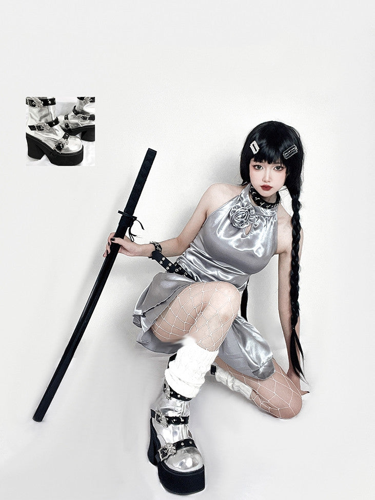 Dragon-shaped Buckle Straps Silver and Black Punk Boots High Block Heel