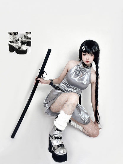 Dragon-shaped Buckle Straps Silver and Black Punk Boots High Block Heel