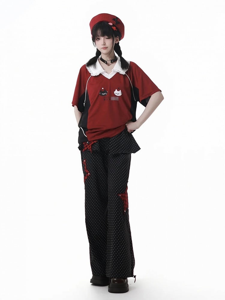 Red and Black Colorblock Pointed Flat Collar Cute Kitten Print Blokette Core T-shirt