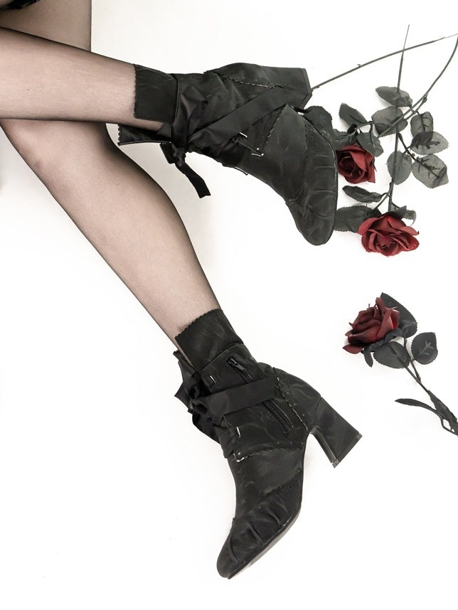 Mid-Heel Elegant Black Lolita Boots - Foldable Cuff with Inner Zip & Lace-Up Design