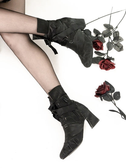 Mid-Heel Elegant Black Lolita Boots - Foldable Cuff with Inner Zip & Lace-Up Design
