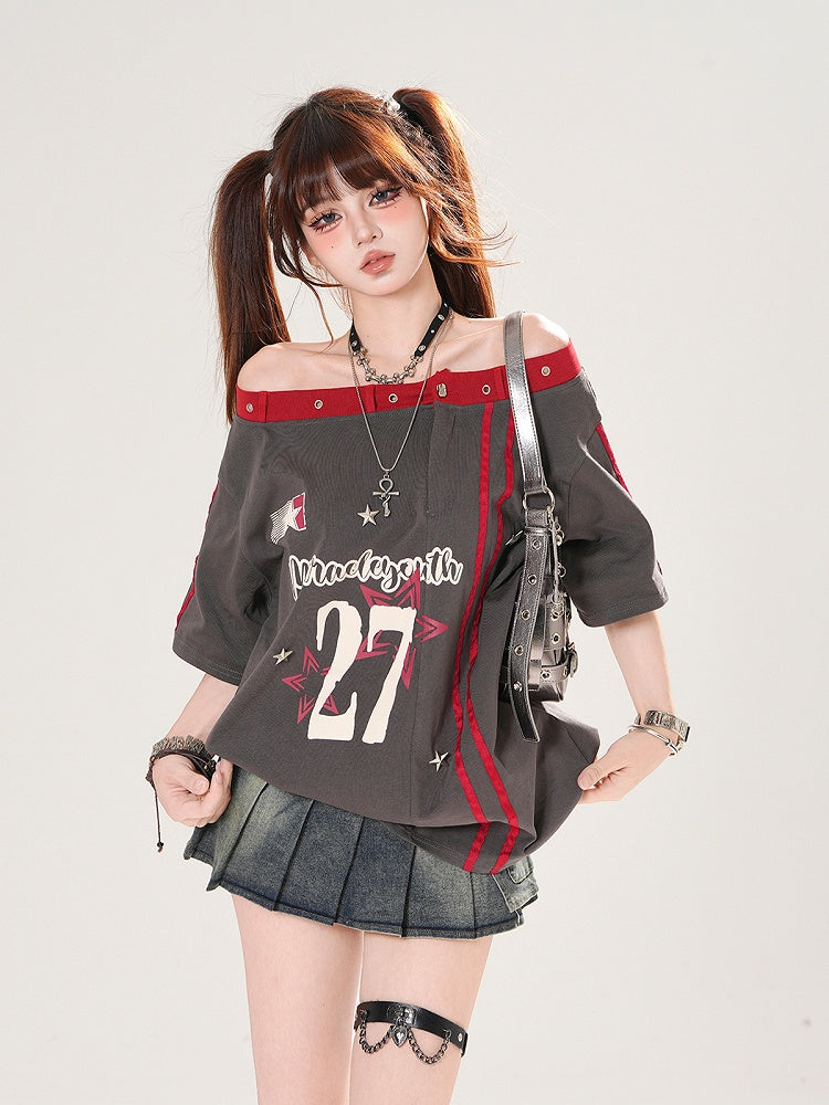 Gray Off-the-shoulder Neckline Number and Star Print Loose T-shirt
