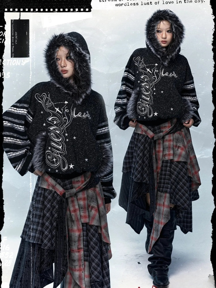 Gray&White/Black&White Plush Trim Striped Sleeves Hoodie