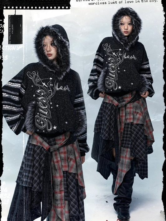 Gray&White/Black&White Plush Trim Striped Sleeves Hoodie