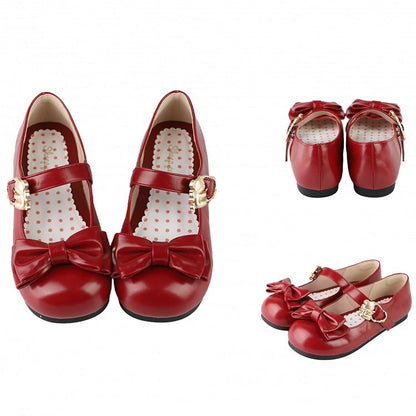 Wine Red Bow at Top Sweet Lolita Flats with Hugging Bear Heart Buckles