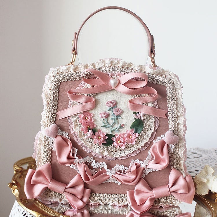 Elegant Classic Lolita Lace Handbag Adorned with Flower and Ribbon Bows – 9 Color Options