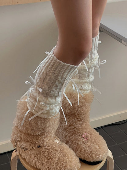 White Sweet Bowknot Knitted Leg Warmers