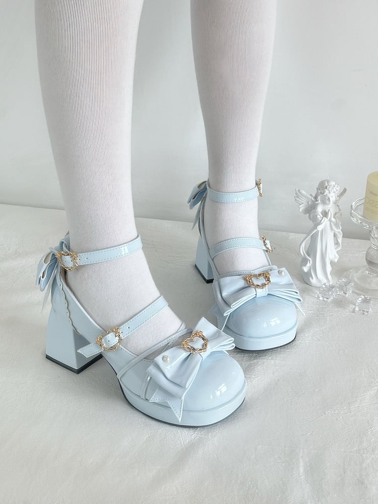 Light Blue Bow Accent Crisscross Design Lolita Platform High Block Heels