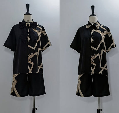 Black Ouji Lolita Asymmetrical Frame Print Shirt with Bow Tie
